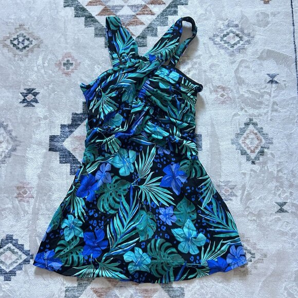 SwimsuitsForAll Other - Swimsuits For All Women's Plus Sz 10 High Neck Wrap Swimdress Blue Hawaiian